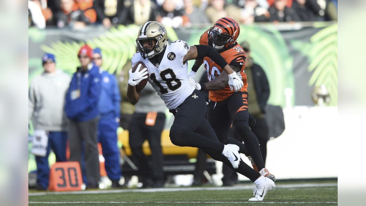 Saints WR Keith Kirkwood (18) makes a reception against the Cincinnati Bengals during his 2018 rookie season. Credit: Carolina Panthers website 